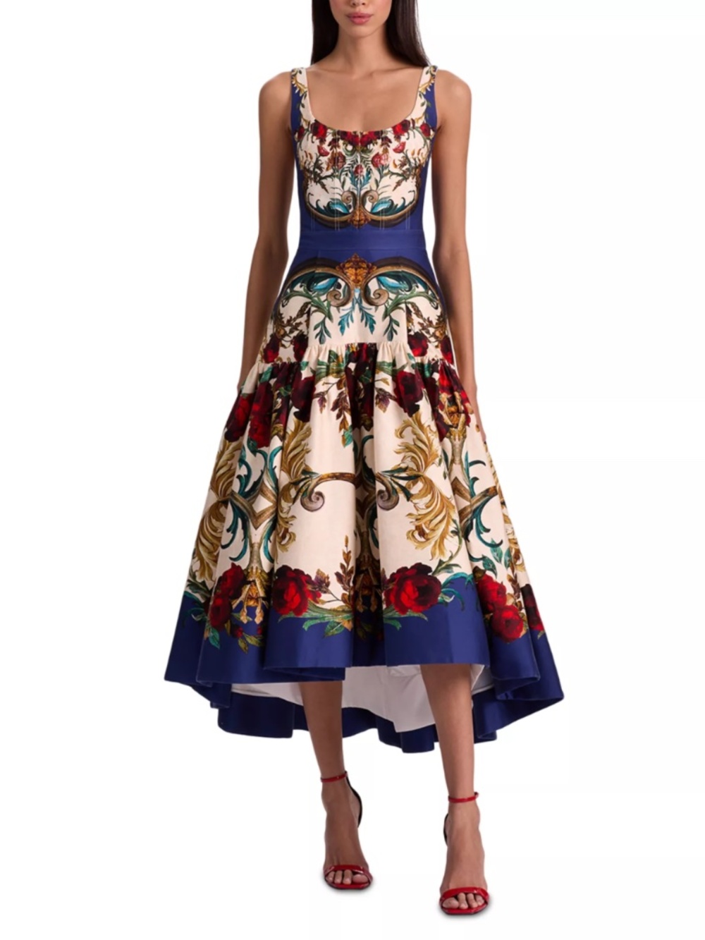 Alice + Olivia DIANA Midi Dress Blue Red Gilded Rose Baroque Corset - Size 2